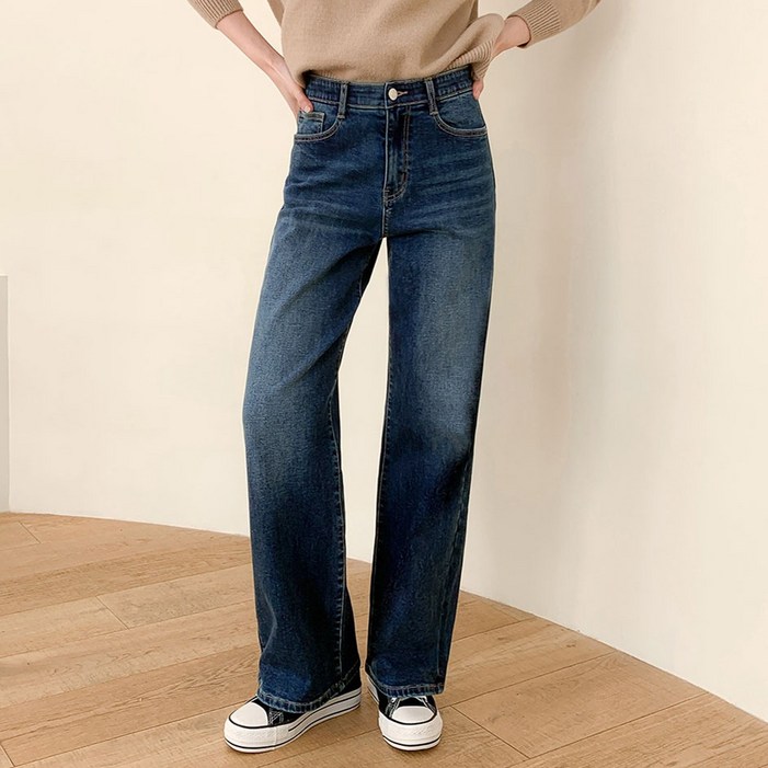 여성용 진청 워싱 히든밴딩  와이드 기모 청바지 CM3W62