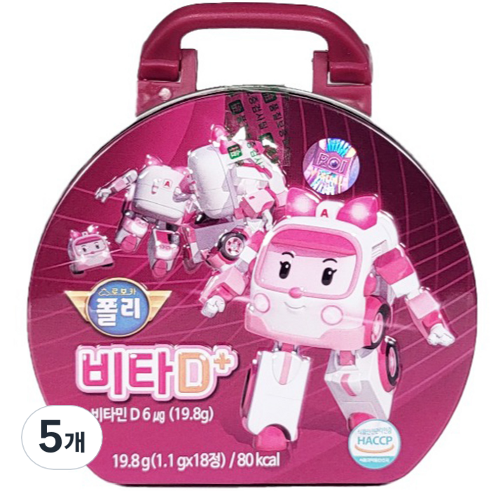 로보카폴리 유아용 비타D플러스 철캔 가방 복숭아맛 엠버 19.8g, 18정, 5개