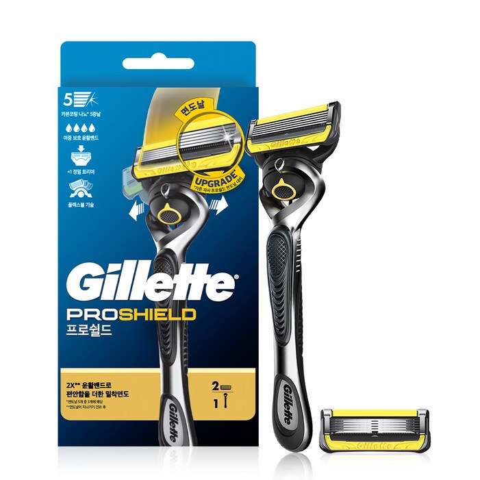 질레트 정품 프로쉴드 옐로우 매뉴얼 면도기 핸들  면도날 2p 세트