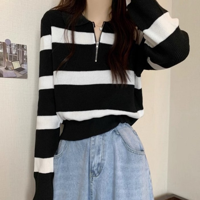 더플로우커머스 여성용 데일리 스트라이프 반집업 카라 니트 티셔츠