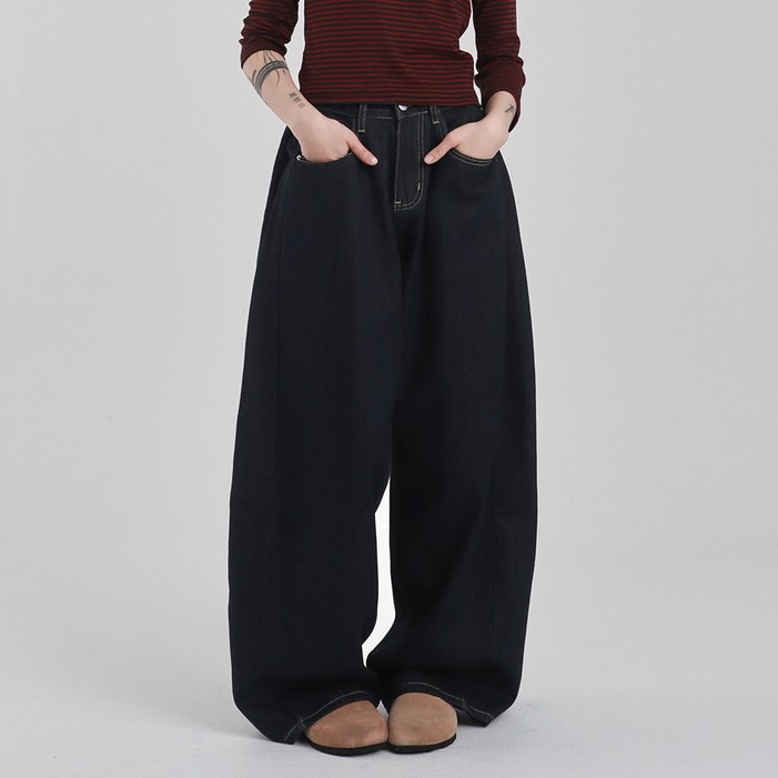 수비진 여성용 롱/숏 기장 생지 사이드핀턱 와이드 청바지