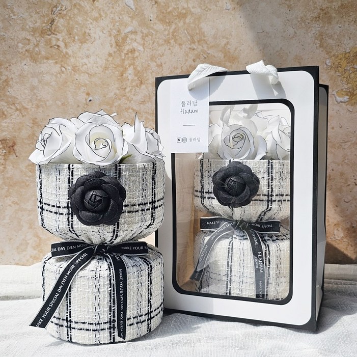 플라담 명품 트위드 인테리어 조화 비누 꽃다발  윈도우 쇼핑백 구성, 1개