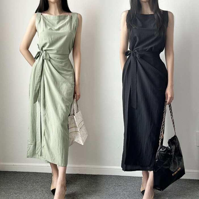 힙샵 봄신상 랩 민소매 슬림핏 랩스타일 H라인 나시 홀터넥 롱원피스 데이트룩 소개팅룩 오피스룩