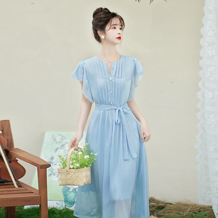 POMTOR 여성 여름 원피스 루즈핏 기질 고급스러운 플리츠 원피스