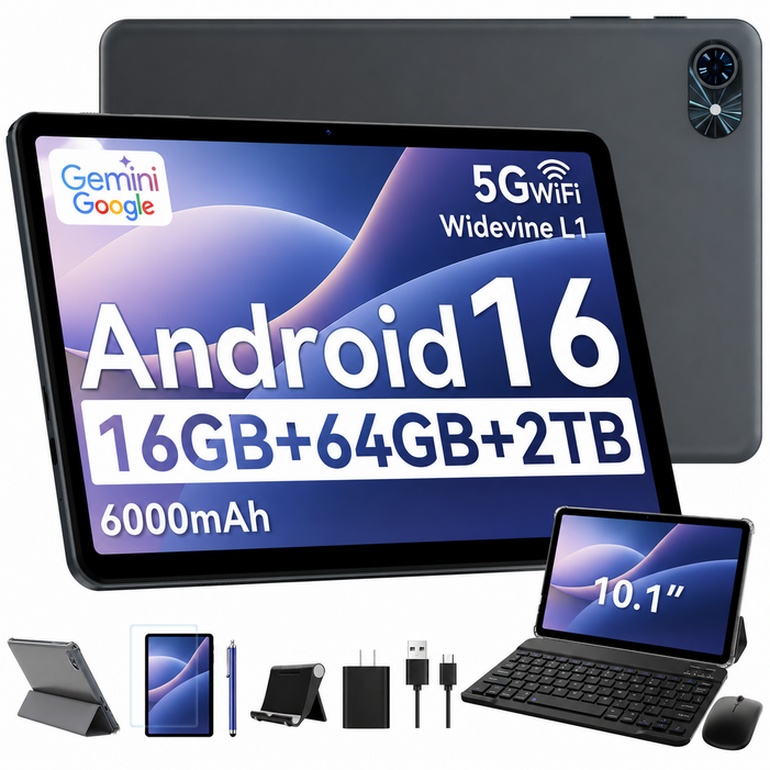 TABWEE 10.1인치 대화면 태블릿 PC 6000mAh 대용량 배터리 Gemini 2.0 지원 키보드펜 포함 풀세트 16GB64GB 저장공간 학습 업무 엔터테인먼, 회색, 64GB, WiFi