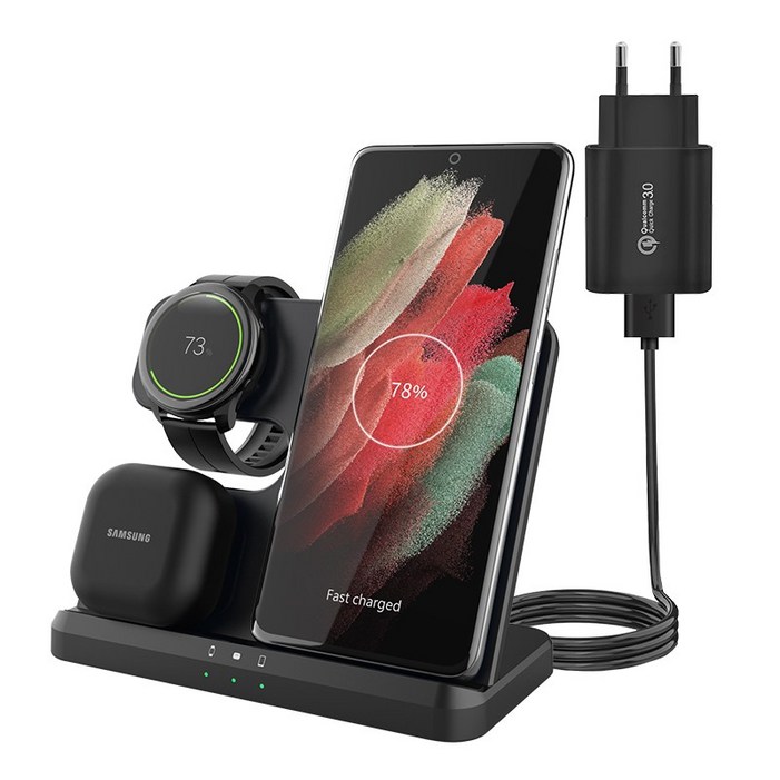 Mankiw맨큐 3in1 무선충전기 거치대 갤럭시워치 고속충전 돼지코 포함, 블랙, 1개