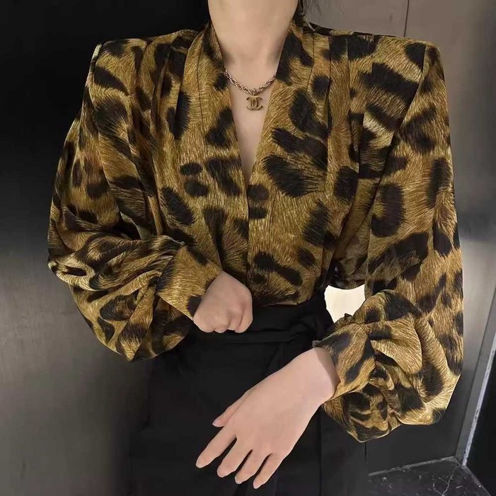 여성 브라운 레오파드 셔츠 갈색 호피 블라우스 파워숄더 퍼프소매 빅사이즈
