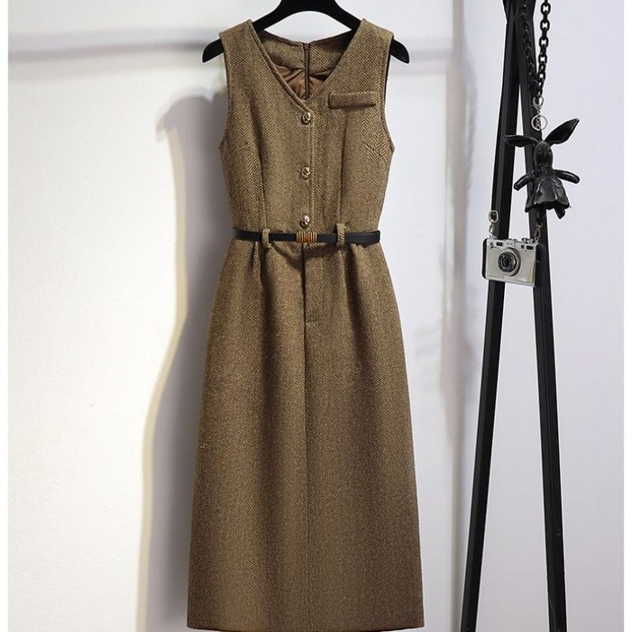 COSYEVNO 모직 나시 원피스 여성 가을 겨울 허리띠 롱 민소매 스커트