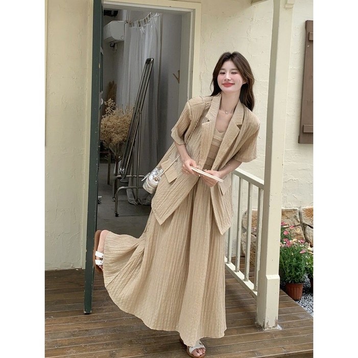 진해스 여성 나시원피스 반팔 자켓 세트 투피스 7006