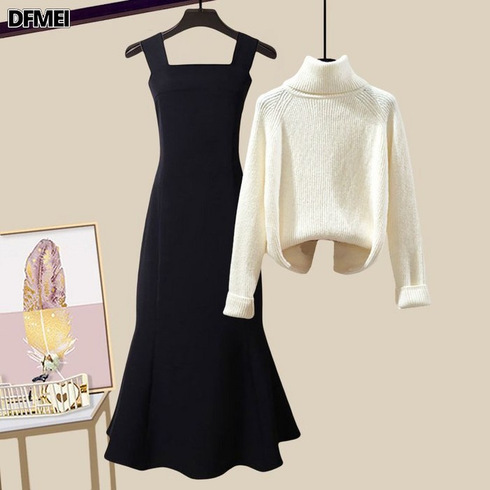DFMEI 빅사이즈 여성복 세트 여 루즈핏 스웨터 여 슬림핏 원피스 투피스