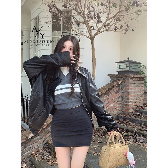 ANYOU 여성 가죽  소프트 재킷 코트 캐주얼 일상 베이직 가죽 자켓  베이직자켓