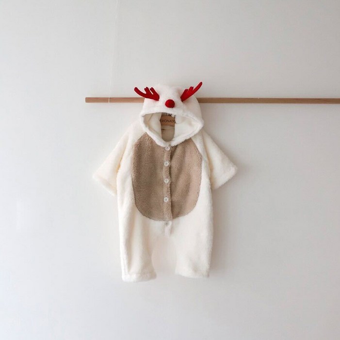 오래 사슴코 아기 겨울 우주복 크리스마스 루돌프 후드 점프수트