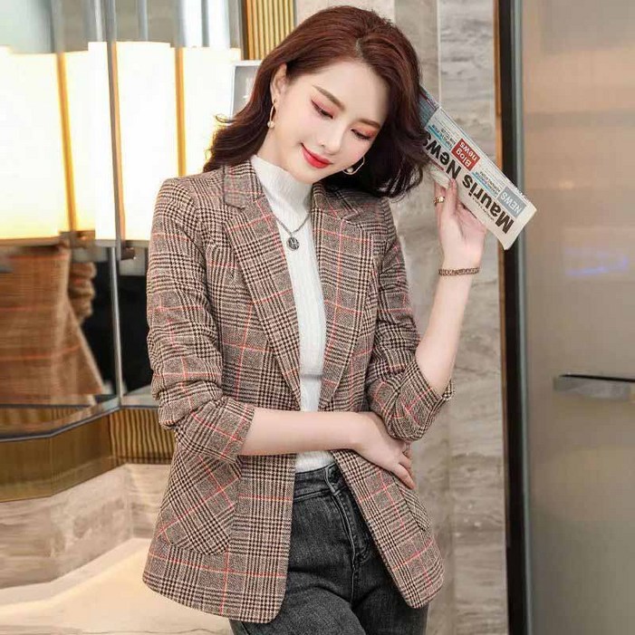 AOKADA 여성 가을 겨울 슬림핏 체크 정장 자켓