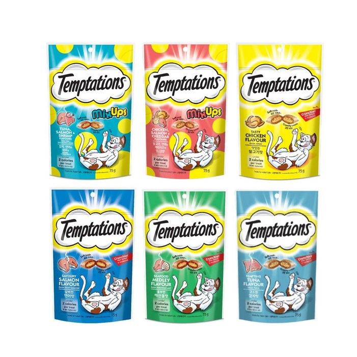 마성의맛있는냥이간식 템테이션 고양이 간식 6종 세트, 75g, 1세트, 믹스업닭고기믹스업참치닭고기연어해산물참치