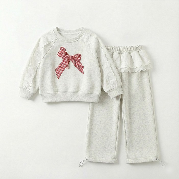 지디오 키즈 여아 체크 리본 맨투맨 트레이닝 세트 프릴 레이스 밴딩 팬츠 밑단 스트링 상하복
