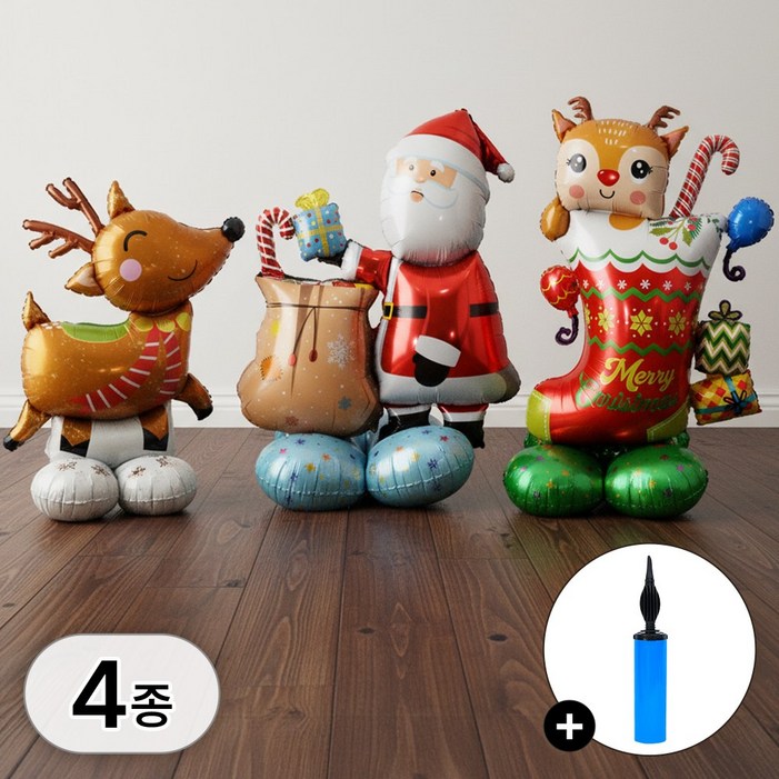 투데이리빙 4종 세트 초대형 크리스마스 스탠딩 풍선 손펌프 포함 연말 파티 홈파티 산타 트리 루돌프 눈사람 대형 에어벌룬 스탠딩식 데코 장식 이벤트 용품