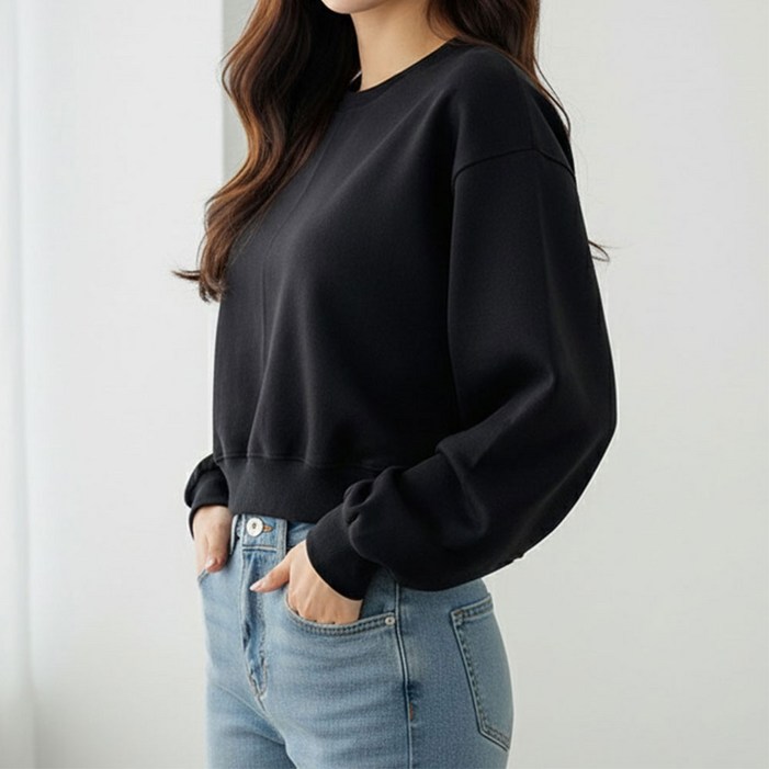 여성 세미크롭 맨투맨 오버핏 가을 겨울 기모 긴팔 티셔츠