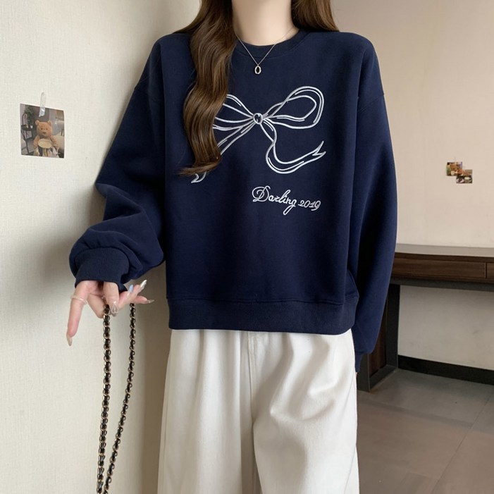 리본 여자 긴팔티 맨투맨 오버핏 티셔츠