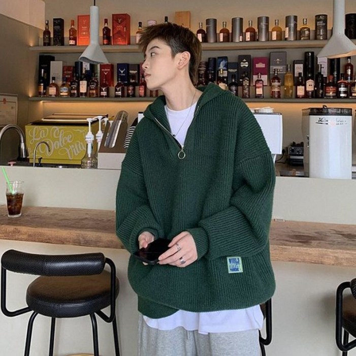 besteffie 남성용 가을 겨울 루즈핏 니트 후드 티셔츠 반집업 캐주얼 스쿨룩 빅사이즈 신상 트렌디 남자 후드티 Q55