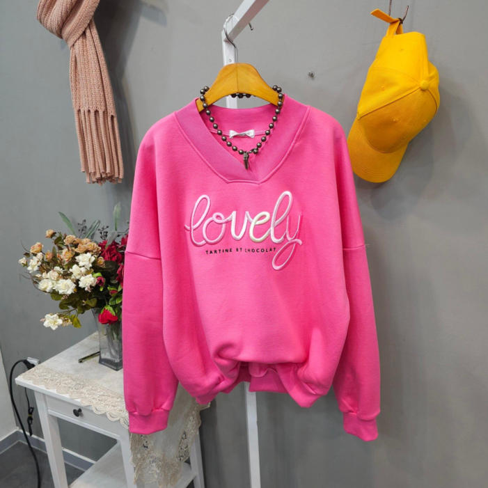 브이넥 실크자수 오버핏 기모맨투맨