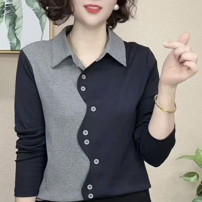 빅사이즈 중년 여성 긴팔 티셔츠 봄가을 패션 패치워크 긴팔티 캐주얼 코디 이너핏 셔츠 상의 YHY