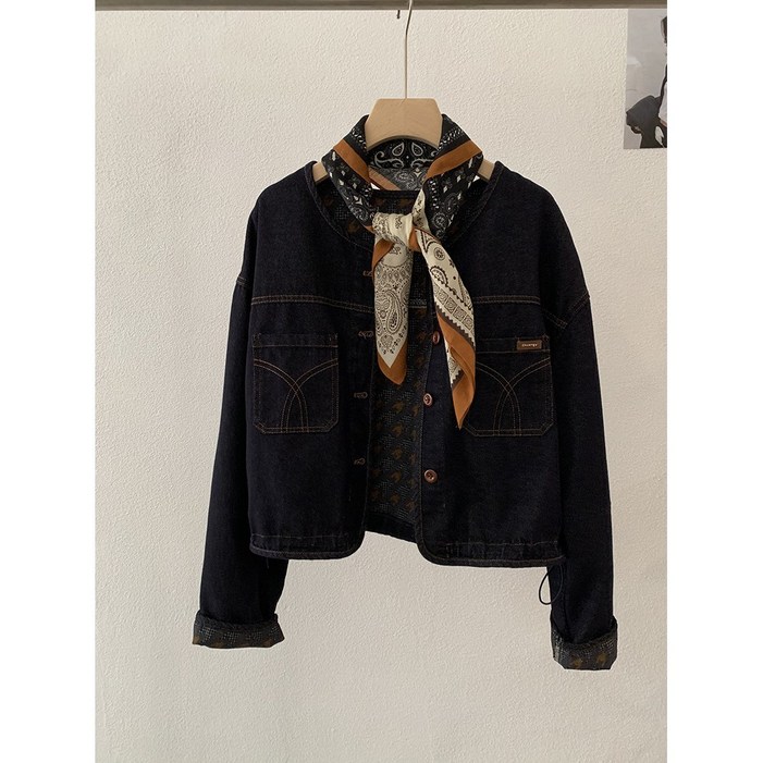 POMTOR 여성 데님 코트 모던 데님 재킷 진청 재킷  스카프 세트