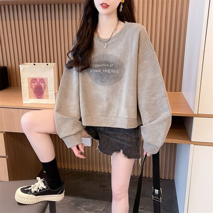 여성 쇼트 라운드 긴팔 티셔츠 빈티지 루즈핏 캐주얼 맨투맨