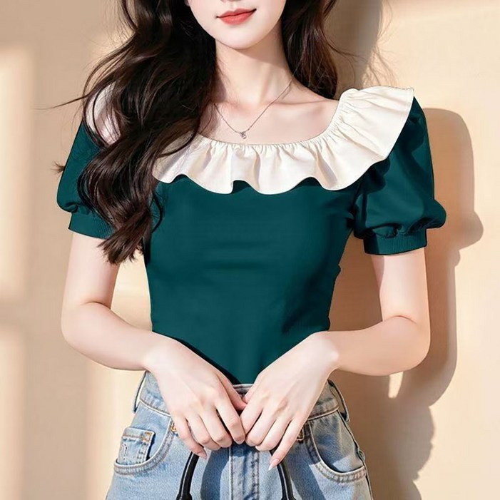 지고다그 여성용 여름  프릴 반팔 티셔츠 셔링 퍼프소매 슬림핏 러블리 데일리 상의 YZH72833