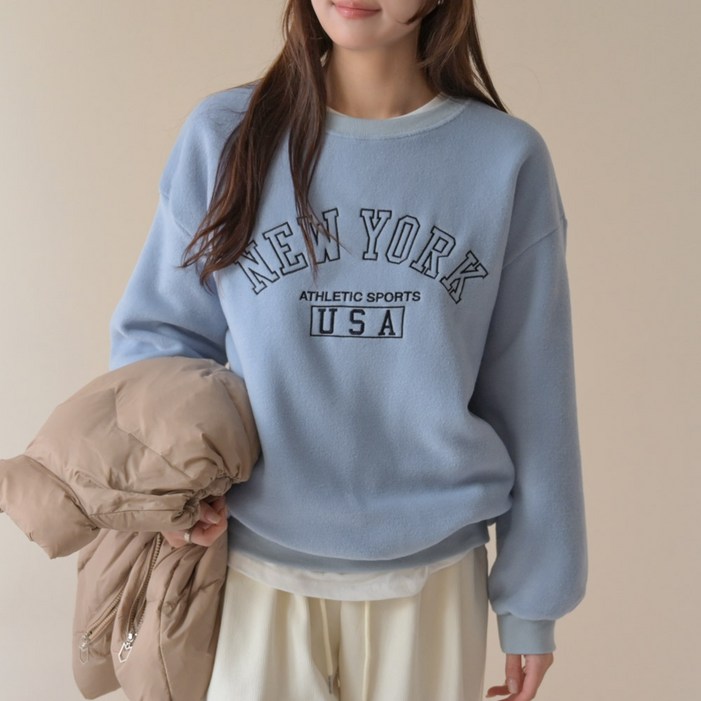 데일리앤 아메르 부드러운 후리스 맨투맨 따뜻한 여성 겨울 레터링 티셔츠