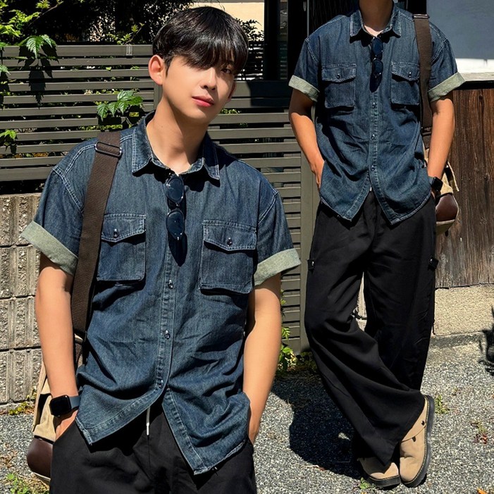 2컬러오브 남자 투포켓 썸머 쿨링 데님 반팔 셔츠 남방