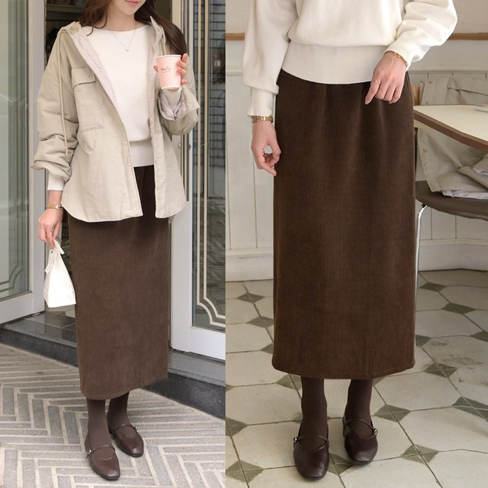 데일리앤 넬란 기모 코듀로이 H라인 골덴 롱스커트 밴딩 롱 치마 가을 겨울