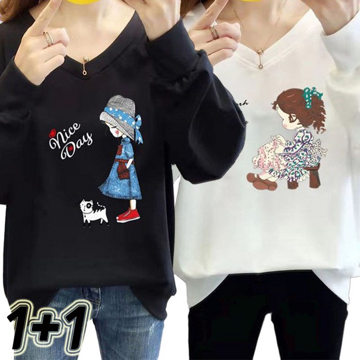 11 빅사이즈 여성 봄 가을 간절기 날씬해보이는 프린트티 캐릭터 브이넥 무지 루즈핏 긴팔 티셔츠
