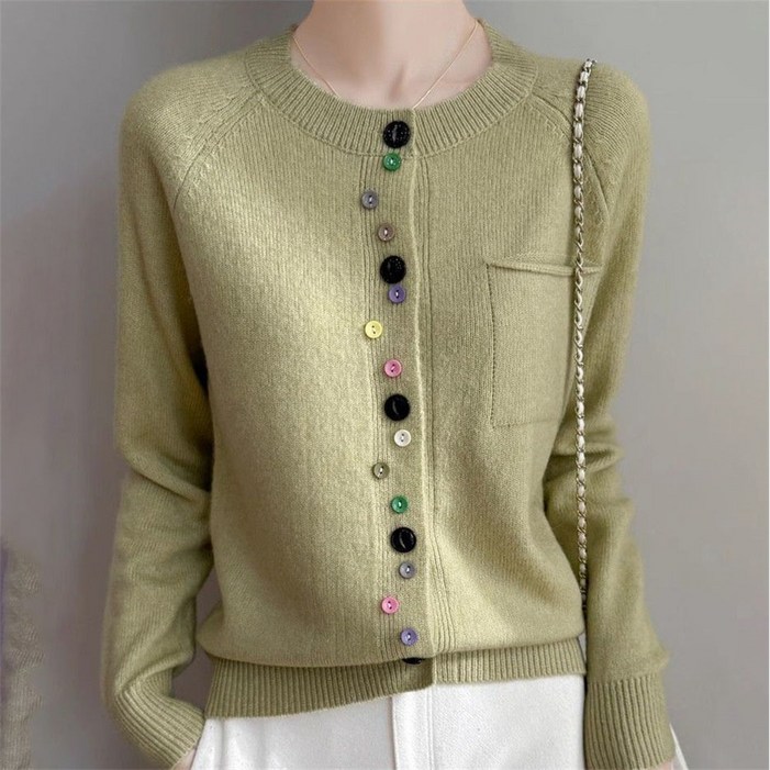 TKX 여성 가디건 빅사이즈 울혼방 라운드넥 컬러 버튼 장식 루즈핏 부드러운 KW81