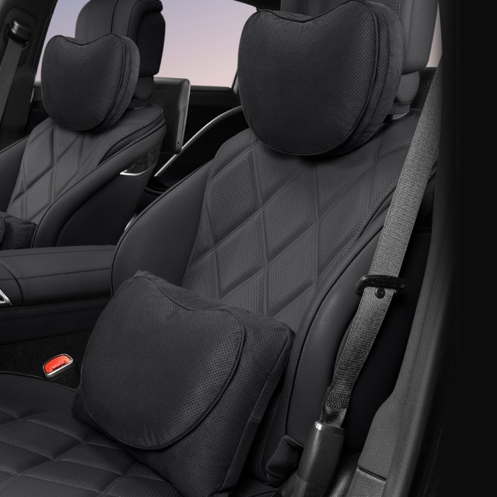 차량용 목쿠션 허리쿠션 세트 프리미엄 스웨이드 누벅 듀얼 레이어 고탄성 메모리폼 숨쉬는 타공 원단 목 보호 쿠션 사계절 공용 통기성 타공 자동차 시트 등받이 쿠션, 1개, 럭셔리 블랙 세트