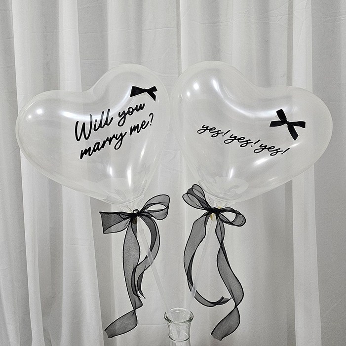 올리브파티 프로포즈 윌유메리미 하트 풍선 세트 셀프 웨딩 촬영 소품, 1세트, 투명풍선블랙리본