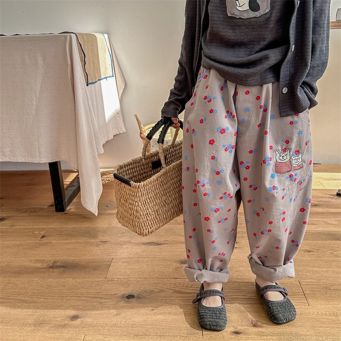 SunburstWonder 아동 가을 여아 워싱 면 프린트 배기바지 긴바지 가을옷 바지