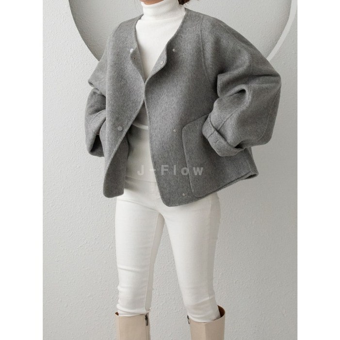 국산 울90 노카라 트위드 코트