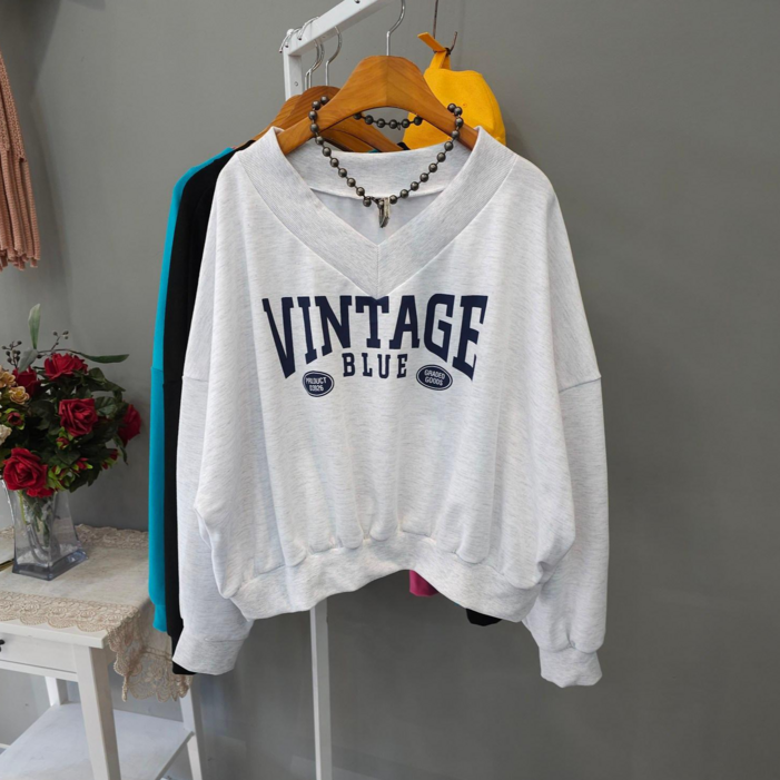 빈티지 브이넥 루즈핏 반크롭맨투맨 세미크롭