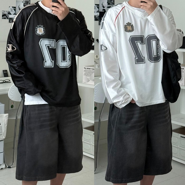 르위 매쉬 블록코어 오버핏 럭비 긴팔 져지 티셔츠 유니폼 빅사이즈