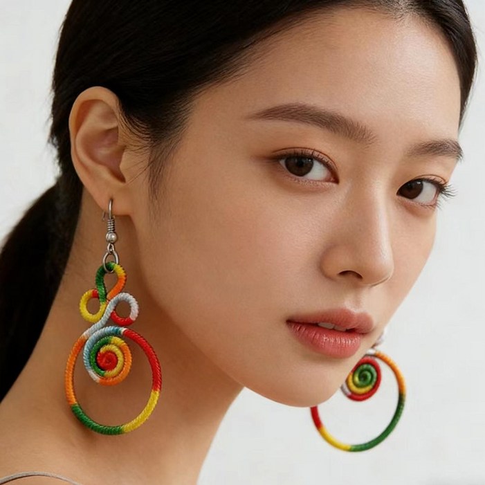 보헤미안 스타일의 꽃 귀걸이 서머 캐주얼 데이트 핑크 그린 배색