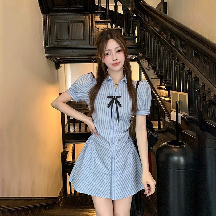 AOKADA 여성 플레어 셔츠 미니 원피스 스트라이프 리본