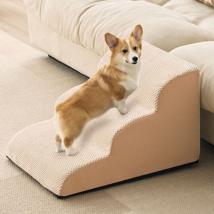 강아지 계단 높은 침대용계단 소형견 소파 침대 옆 3단계 계단 세탁 가능 기어올림 경사면, 베이지색, 1개