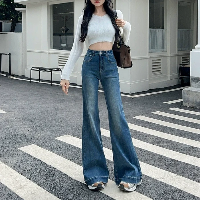 SAHINER 봄가을 여성용 빈티지 와이드 부츠컷 하이웨이스트 데님 팬츠 LWANZ53