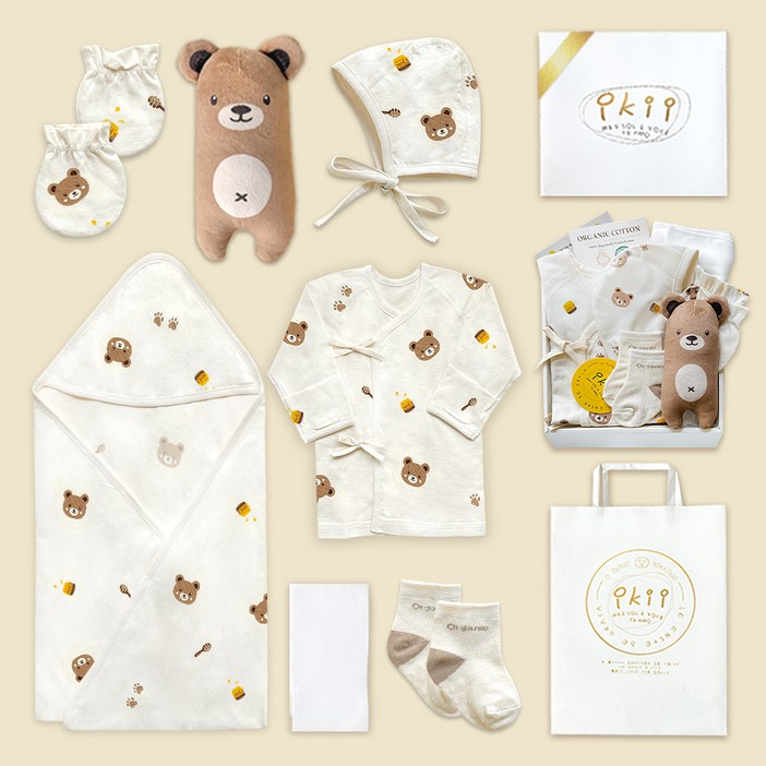 ikii 오가닉 배냇저고리 긴소매 7종 출산 선물세트 선물포장 + 쇼핑백