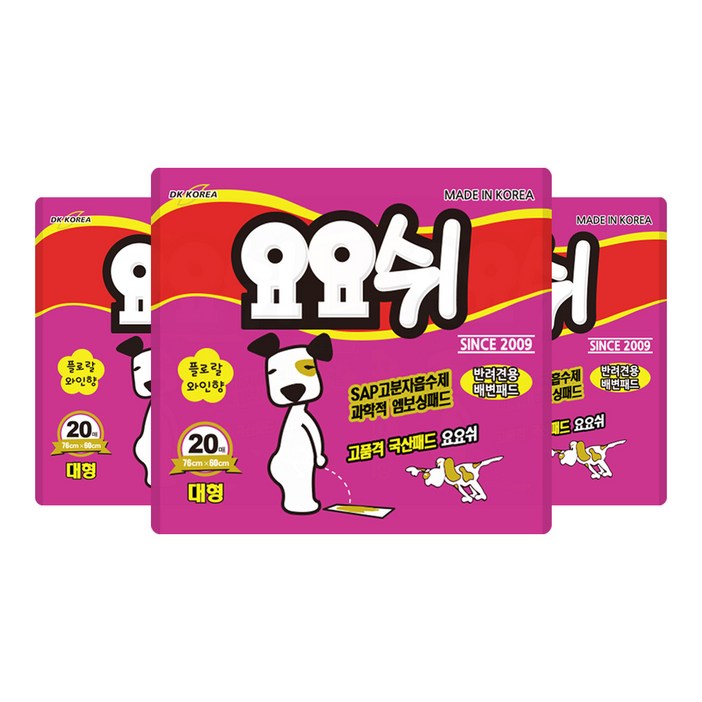 요요쉬 반려견용 배변패드 플로랄와인향, 20개입, 3개 요요쉬 반려견용 배변패드 플로랄와인향, 20개입, 3개