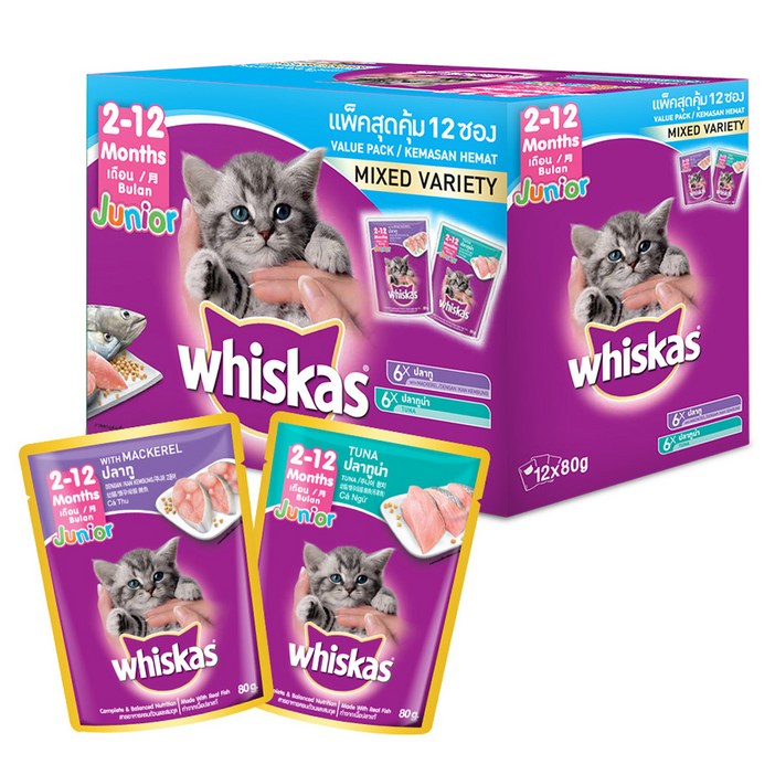 위스카스 주니어 고양이 믹스드 버라이어티팩 주식파우치 참치 6p  고등어 6p