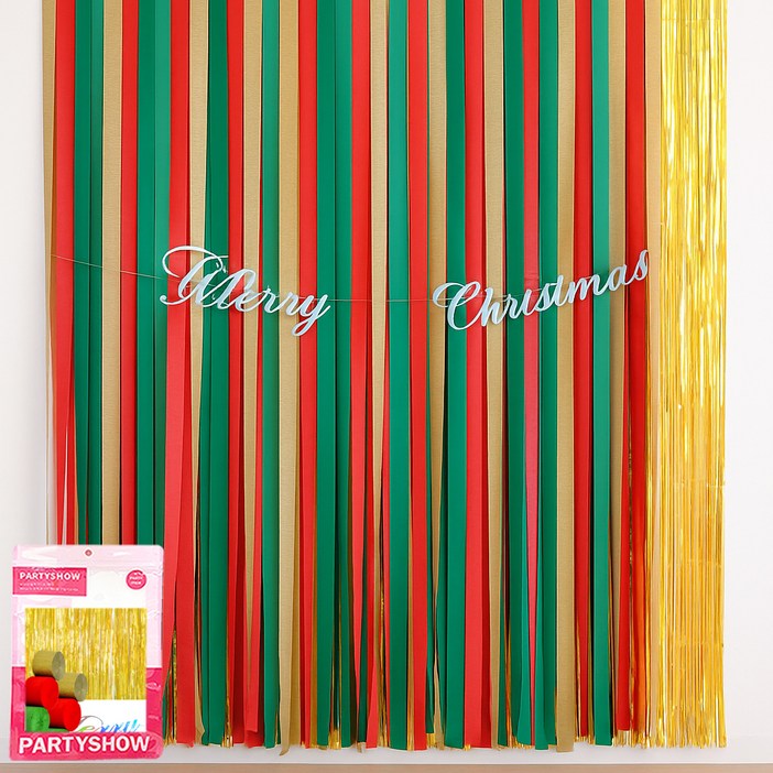 파티쇼 크리스마스파티 스트리머 + 커튼홀로그램골드 4p + 캘리그래피가랜드 + 글루닷 세트