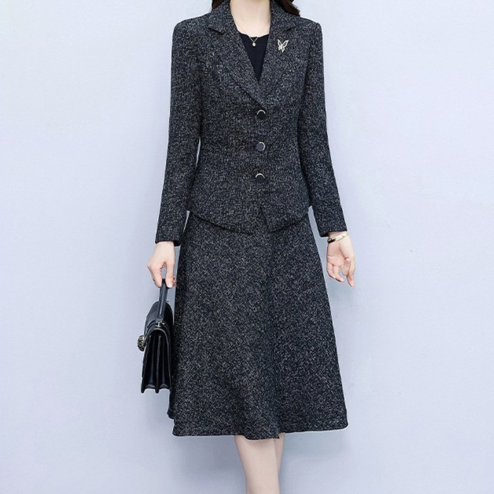 아뗄릭 더블카라넥 긴팔 자켓  미디 플레어 스커트 정장 세트 03012