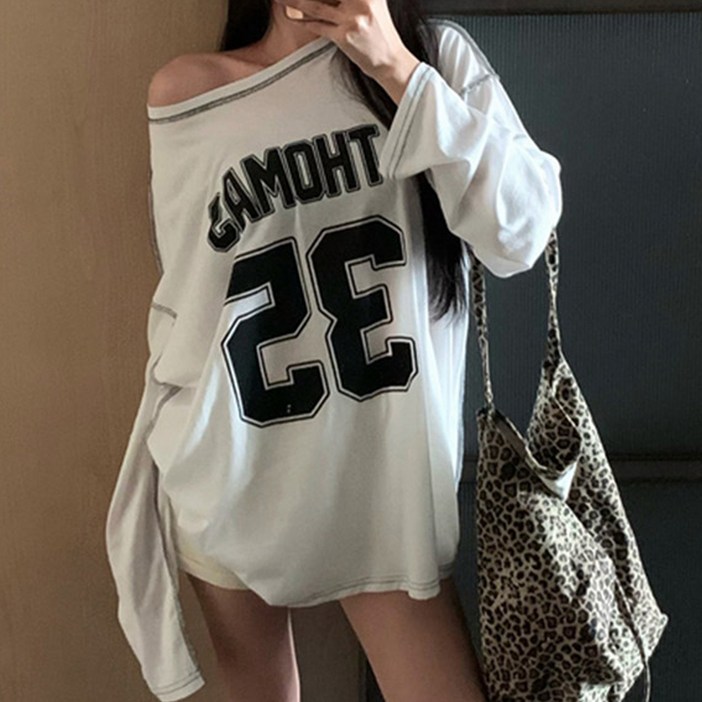 메이첼 여성용 브리즈 오버핏 캐주얼 레터링 긴팔 티셔츠 10004