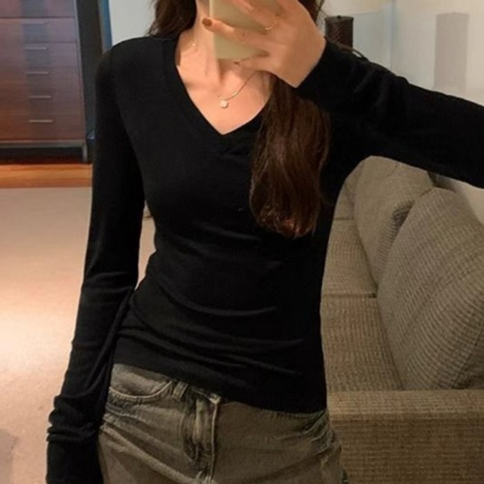 구디프 여성용 컴포트 V넥 스판 긴팔 티셔츠